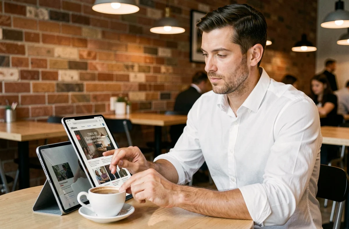 Homme en train de lire un magazine digital sur tablette dans un café moderne, symbolisant l'abonnement numérique pour les professionnels