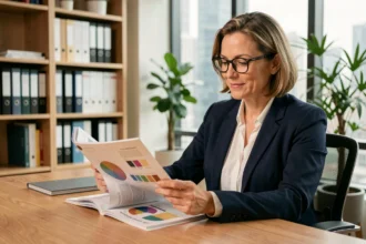Femme professionnelle lisant un magazine business imprimé dans un bureau moderne, illustrant le choix entre abonnement papier et digital