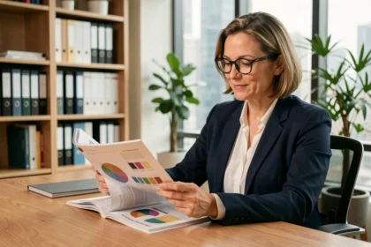 Femme professionnelle lisant un magazine business imprimé dans un bureau moderne, illustrant le choix entre abonnement papier et digital