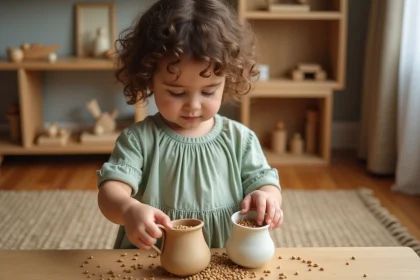 Petite fille de 4 ans pratiquant le transvasement de lentilles avec des cruches en céramique, activité Montessori faite maison à petit budget