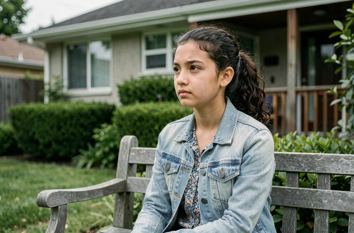 Adolescente placée en famille d'accueil assise dans un jardin de maison résidentielle avec une expression pensive