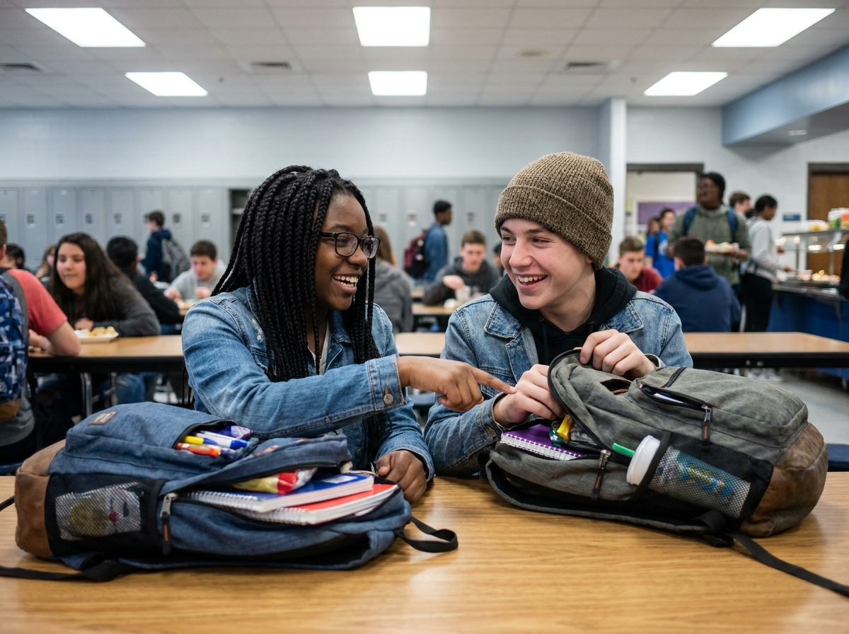 Deux adolescents comparant le contenu de leurs sacs à dos à la cantine du collège