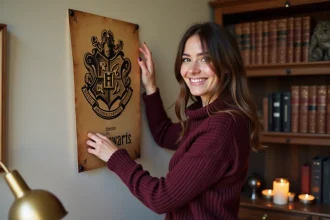 Jeune femme accrochant une affiche Harry Potter imprimée sur un mur de bureau décoré façon Poudlard