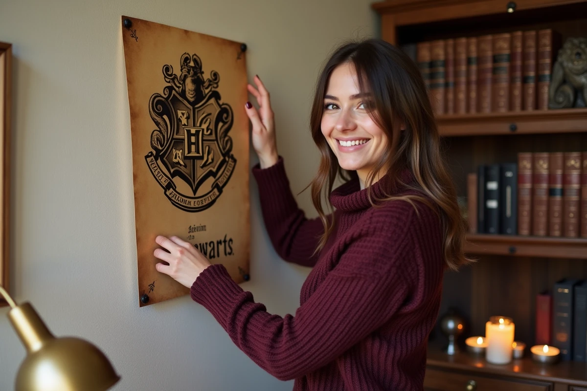Jeune femme accrochant une affiche Harry Potter imprimée sur un mur de bureau décoré façon Poudlard