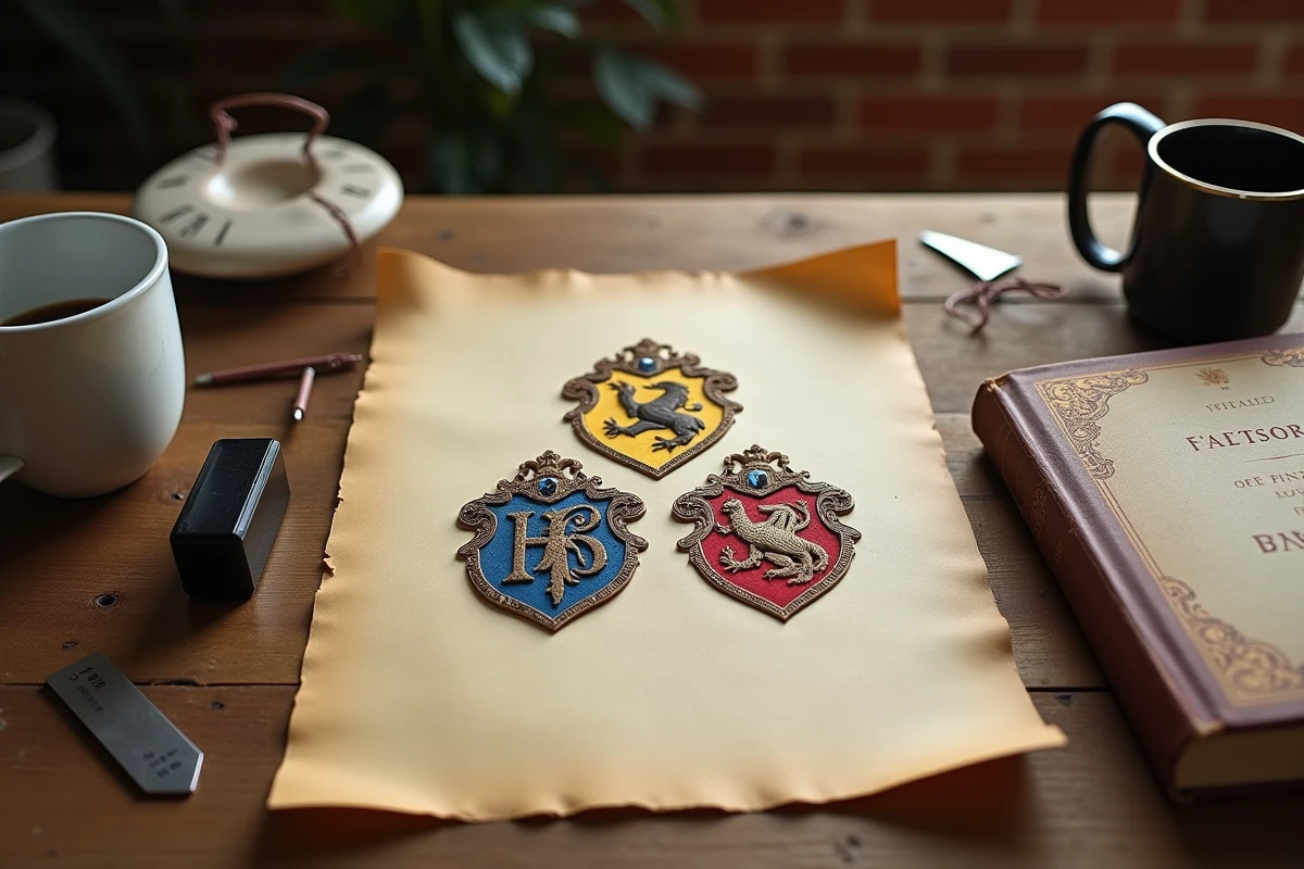 Affiche Harry Potter imprimée sur papier épais posée sur une table en bois avec accessoires d'impression