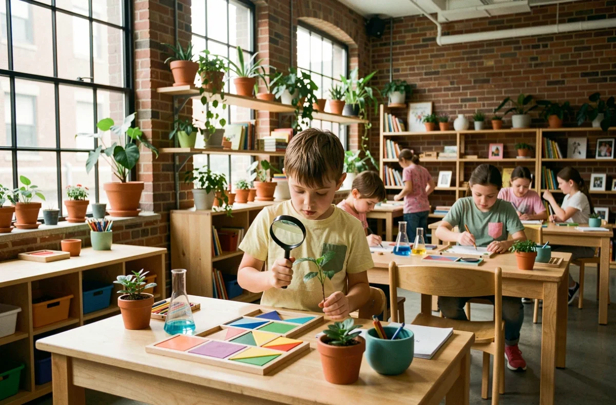 Élèves en activités scientifiques et créatives dans une salle Montessori moderne et vivante représentant l'école Alive