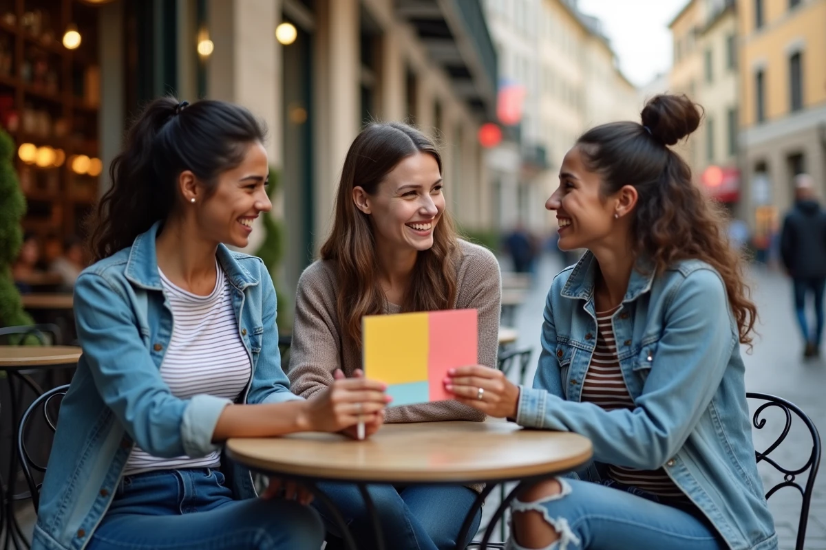 Groupe d'amis lisant ensemble un message d'anniversaire sur une carte en terrasse de café