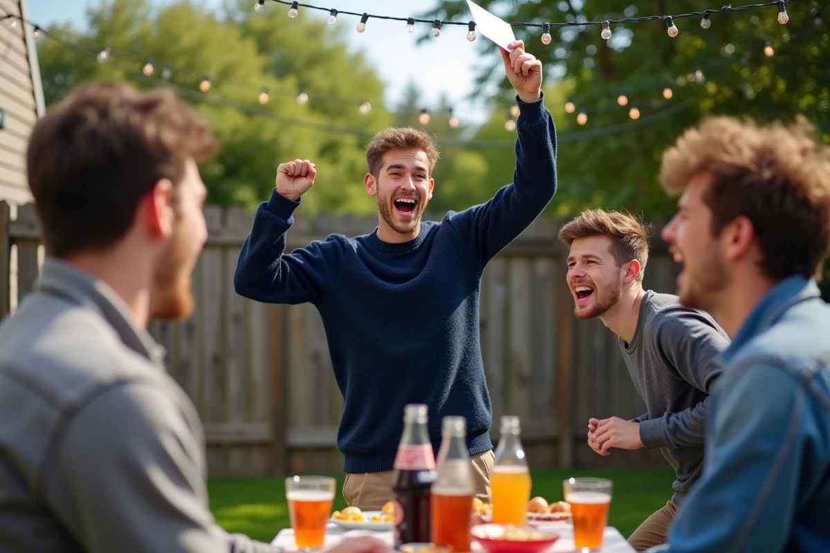 Groupe de jeunes hommes de 18 ans célébrant un anniversaire en plein air avec enthousiasme