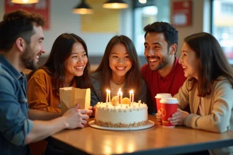 Famille réunie autour d'un gâteau d'anniversaire dans un restaurant McDonald's, avec des sacs et boissons sur la table