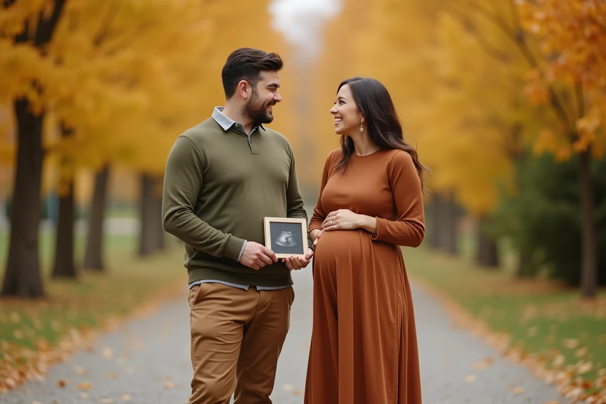 Couple tenant une échographie dans un parc en automne, annonce de grossesse originale en plein air pour informer la famille