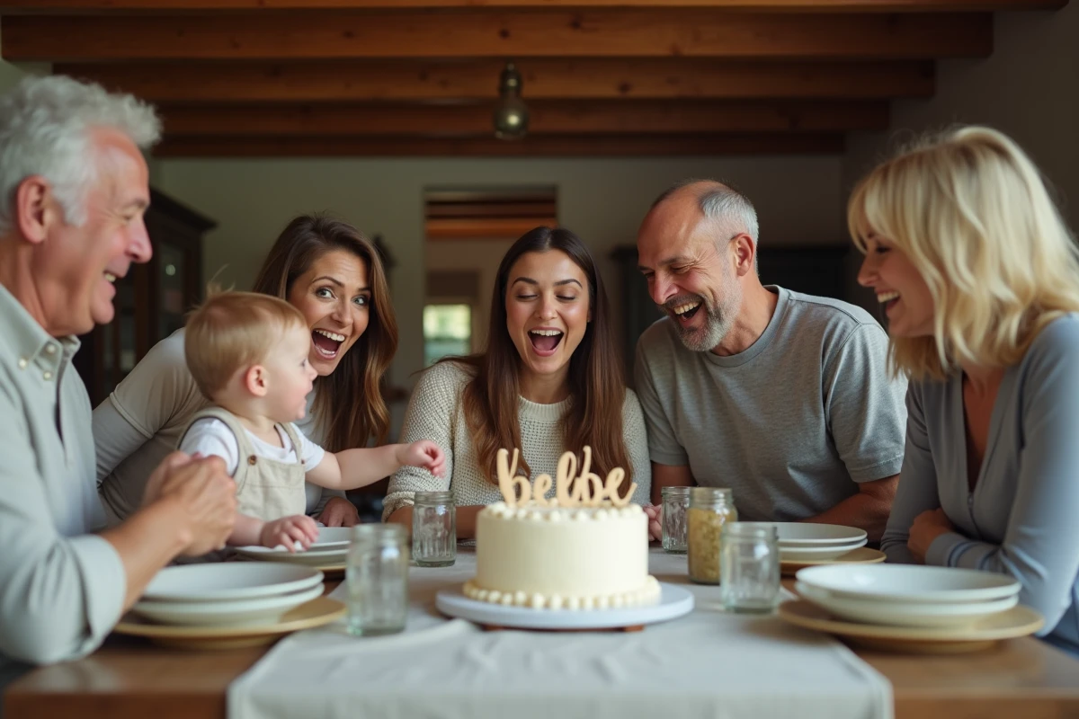 Famille multigénérationnelle réunie autour d'une table découvrant un gâteau d'annonce de grossesse, idée conviviale pour annoncer un bébé à la famille