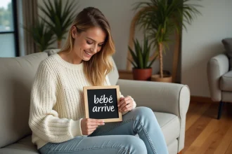 Femme tenant une ardoise annonçant l'arrivée d'un bébé dans un salon cosy, idée d'annonce de grossesse originale pour la famille