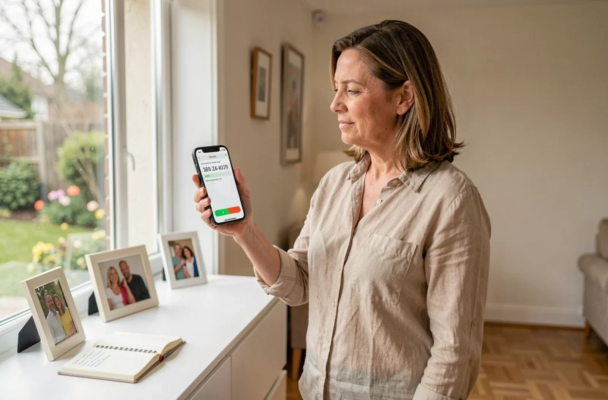 Femme debout près d'une fenêtre tenant un smartphone pour appeler Pajemploi depuis l'étranger avec un numéro affiché à l'écran