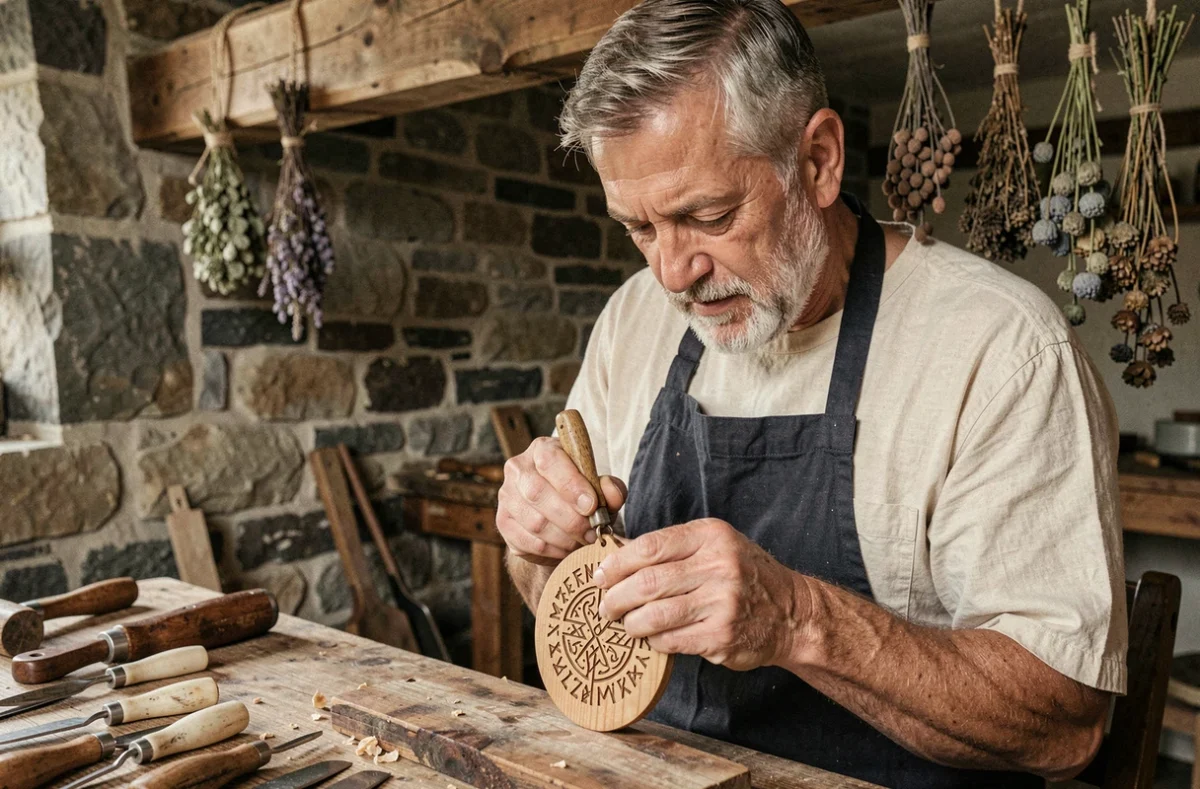 Artisan nordique sculptant des runes Vikings sur un pendentif en bois représentant un symbole d'unité familiale