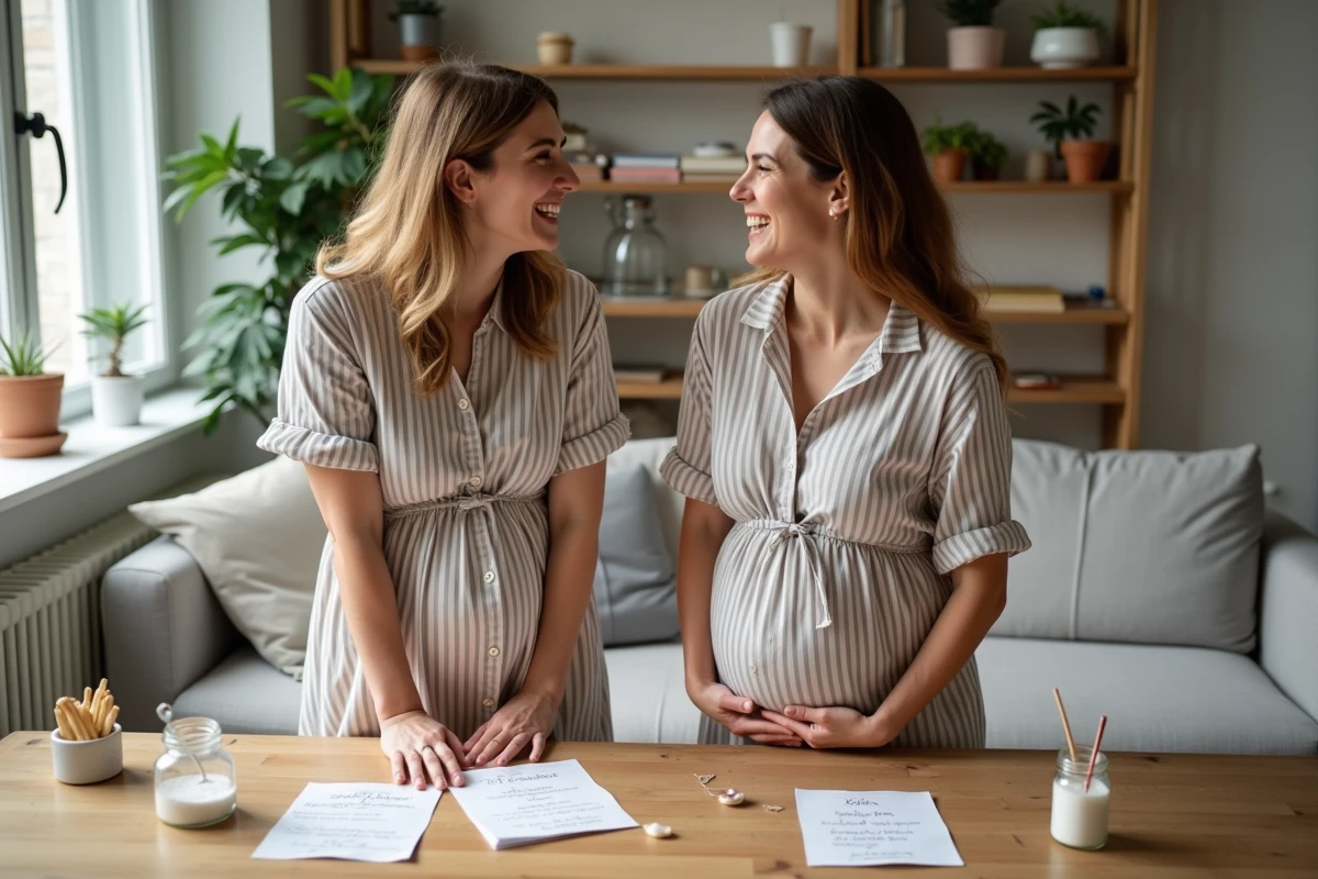 Deux femmes comparant des astuces de grand-mère pour prédire le sexe du bébé autour d'une table