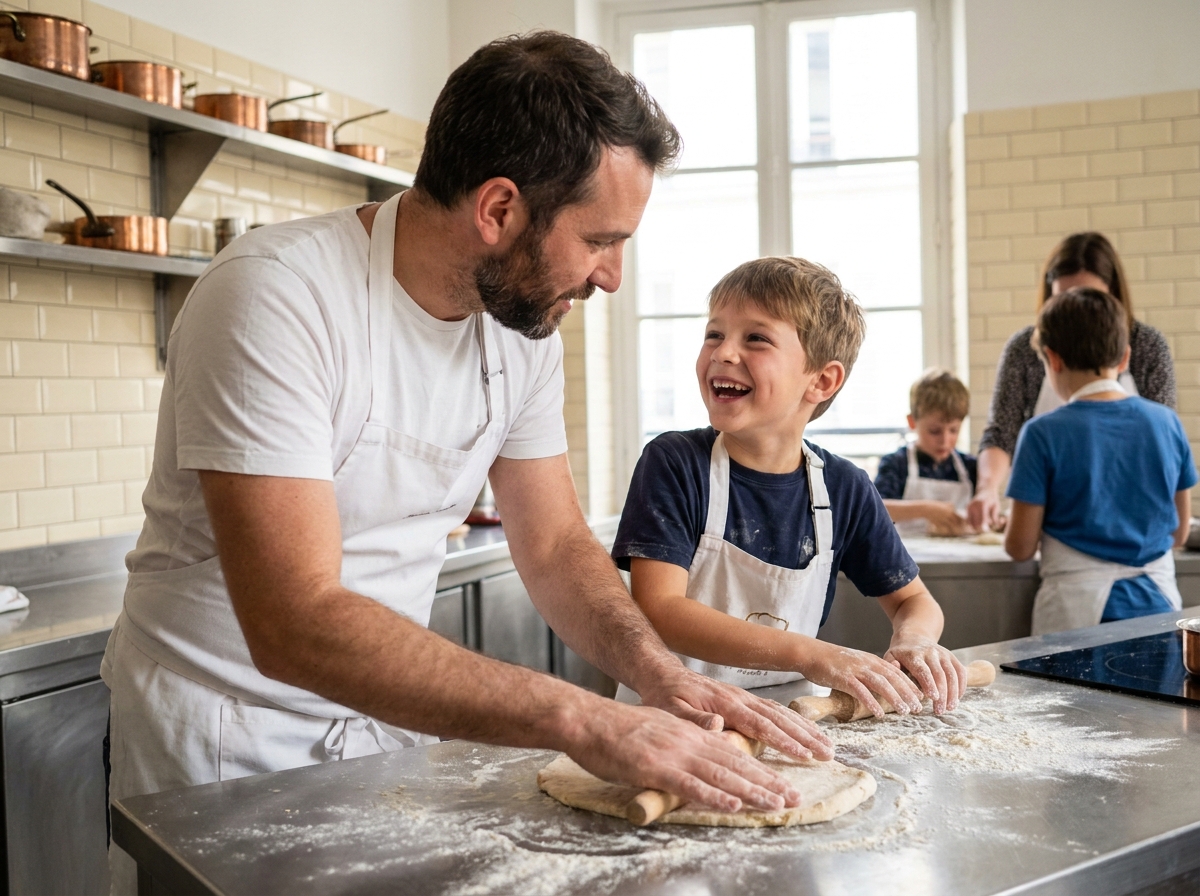 Père et fils participant à un atelier de cuisine pour enfants à Paris, roulant de la pâte ensemble