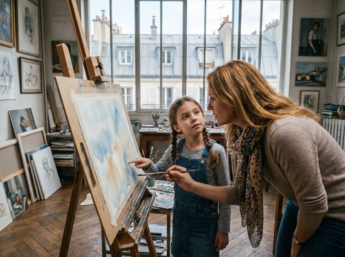 Mère et fille peignant ensemble dans un atelier d'arts plastiques parisien avec vue sur les toits