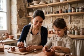 Mère et fille faisant de la poterie ensemble dans un atelier parisien, partageant un moment de créativité