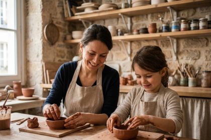 Mère et fille faisant de la poterie ensemble dans un atelier parisien, partageant un moment de créativité