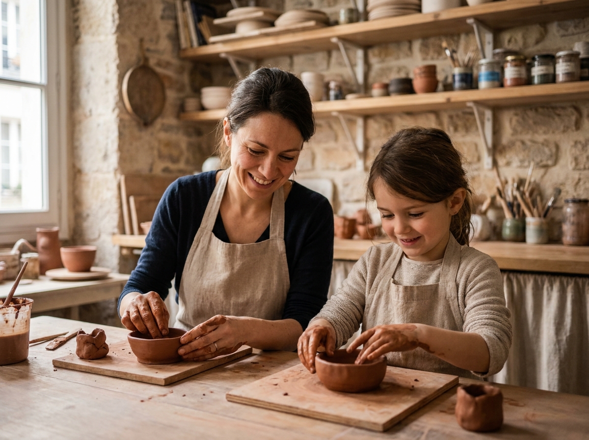 Mère et fille faisant de la poterie ensemble dans un atelier parisien, partageant un moment de créativité