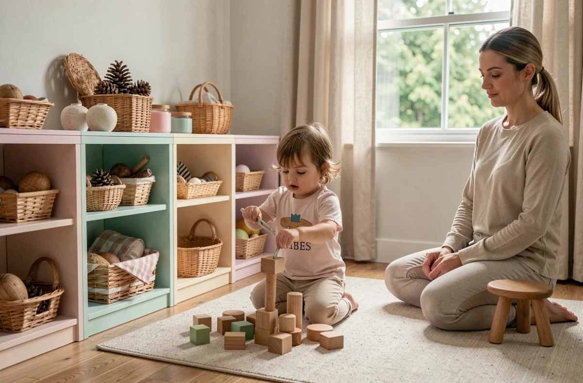 Tout-petit en activité de transfert Montessori dans un environnement de crèche douillet inspiré de Babees