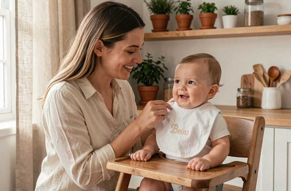 Mère attachant un bavoir bio personnalisé brodé sur son bébé assis dans une chaise haute en bois, ambiance cuisine naturelle et durable
