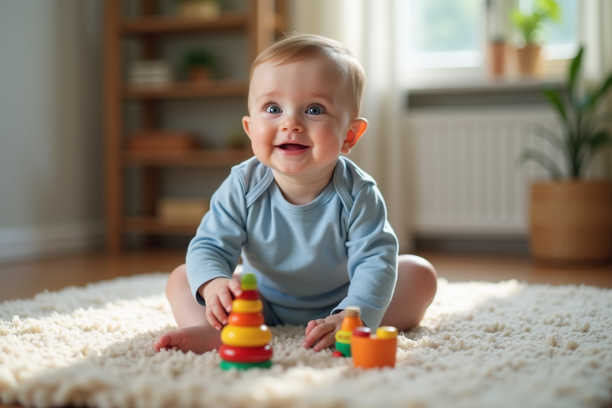 Bébé garçon de 10 mois en body bleu dans un salon moderne