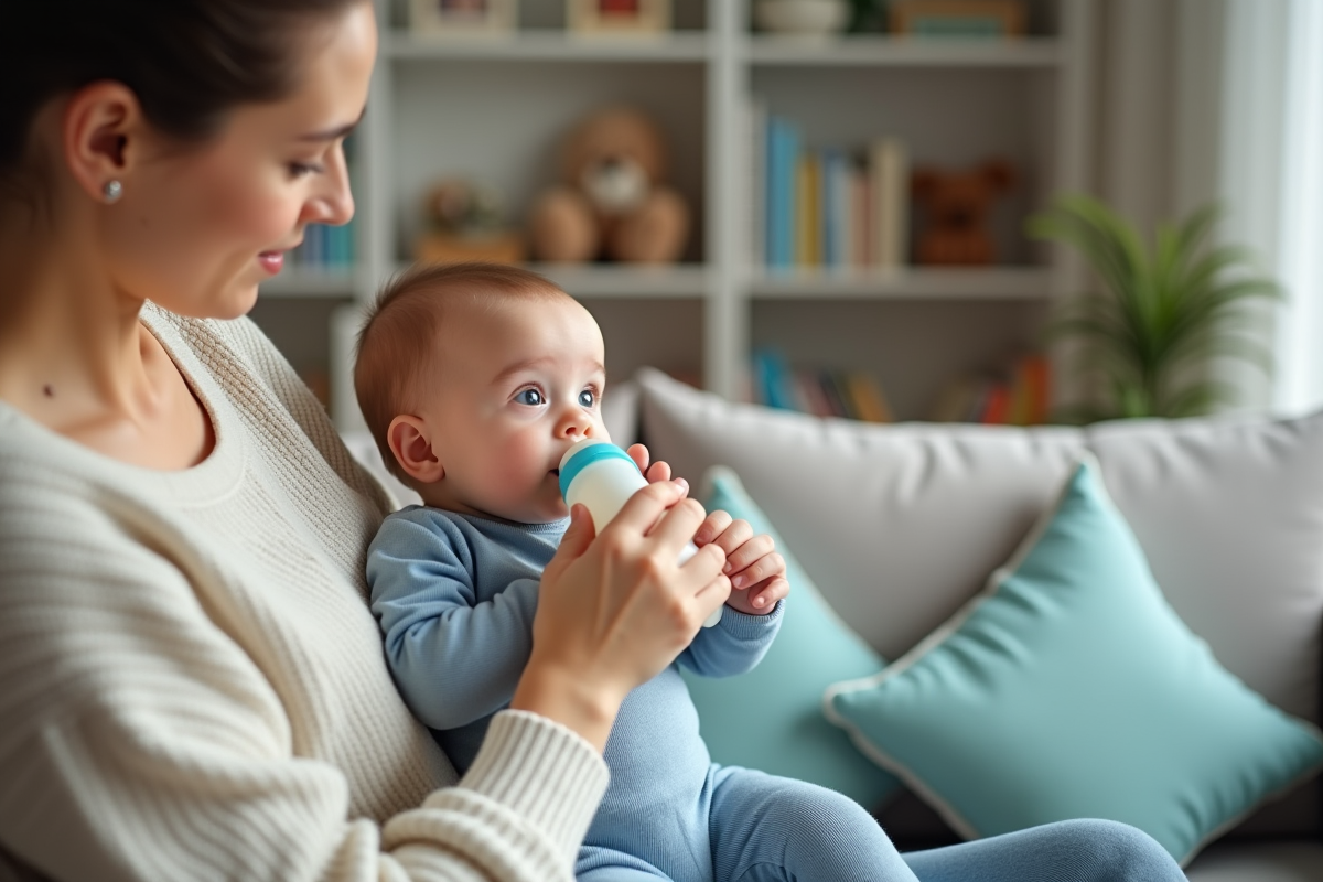 Bébé garçon en bleu being bottlefed par sa mère dans un salon cosy