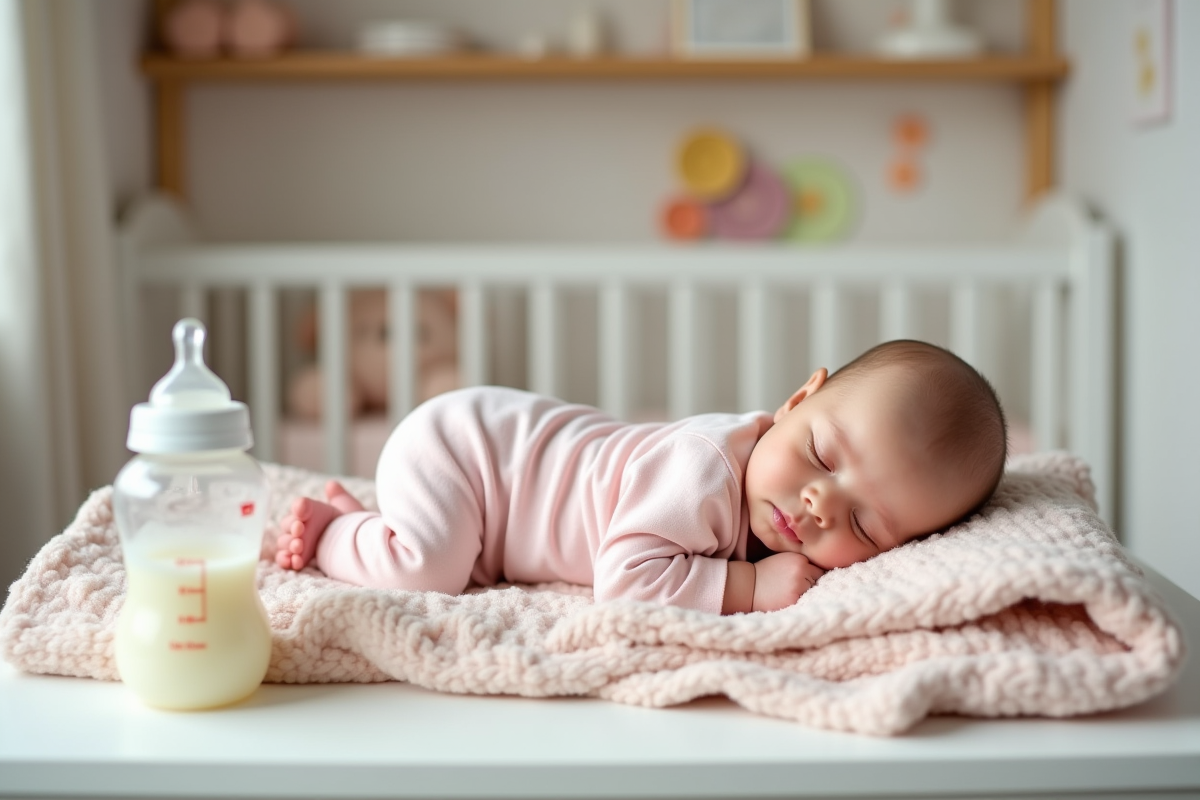 Bébé fille en pyjama rose dormant près d’un biberon dans la nurserie