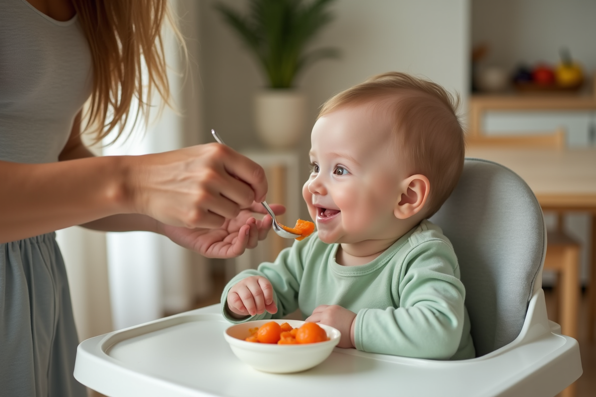 Bebe fille en vert se fait nourrir par sa maman dans une cuisine chaleureuse