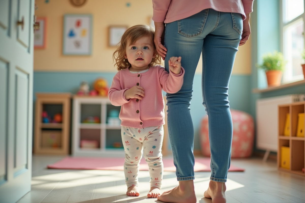 Bebe fille anxieuse à l'entrée d'une crèche moderne