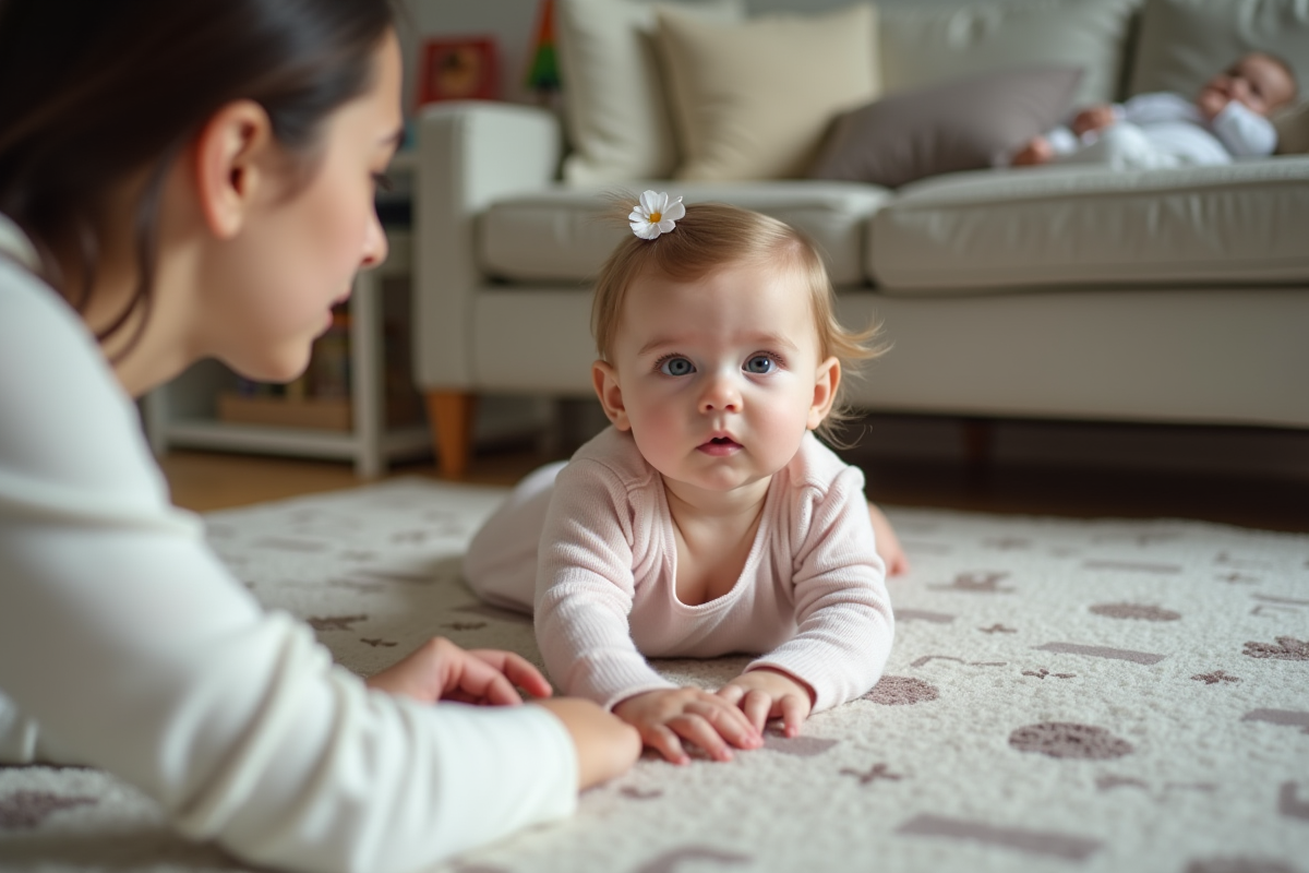 Bébé fille en body pastel avec parent dans salon chaleureux