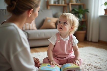 Bebe fille assise avec livre coloré dans un salon chaleureux