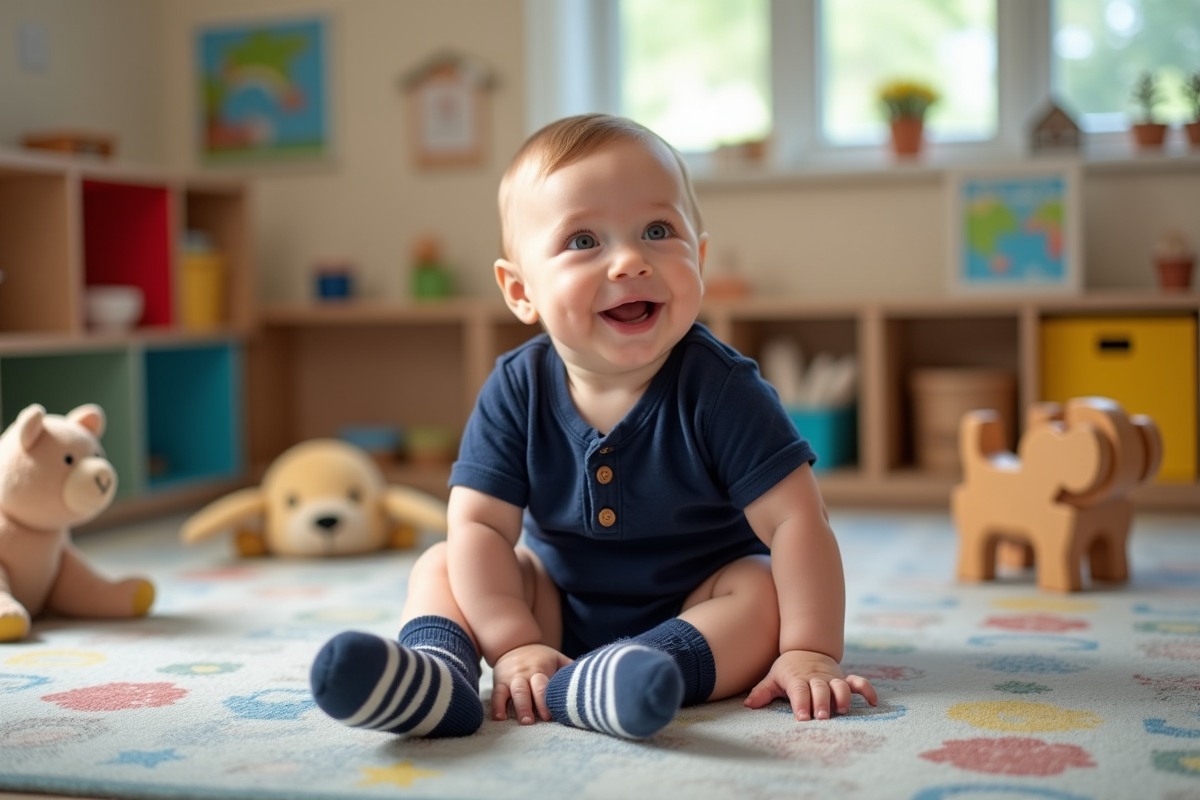 Bebe garçon jouant dans une crèche colorée