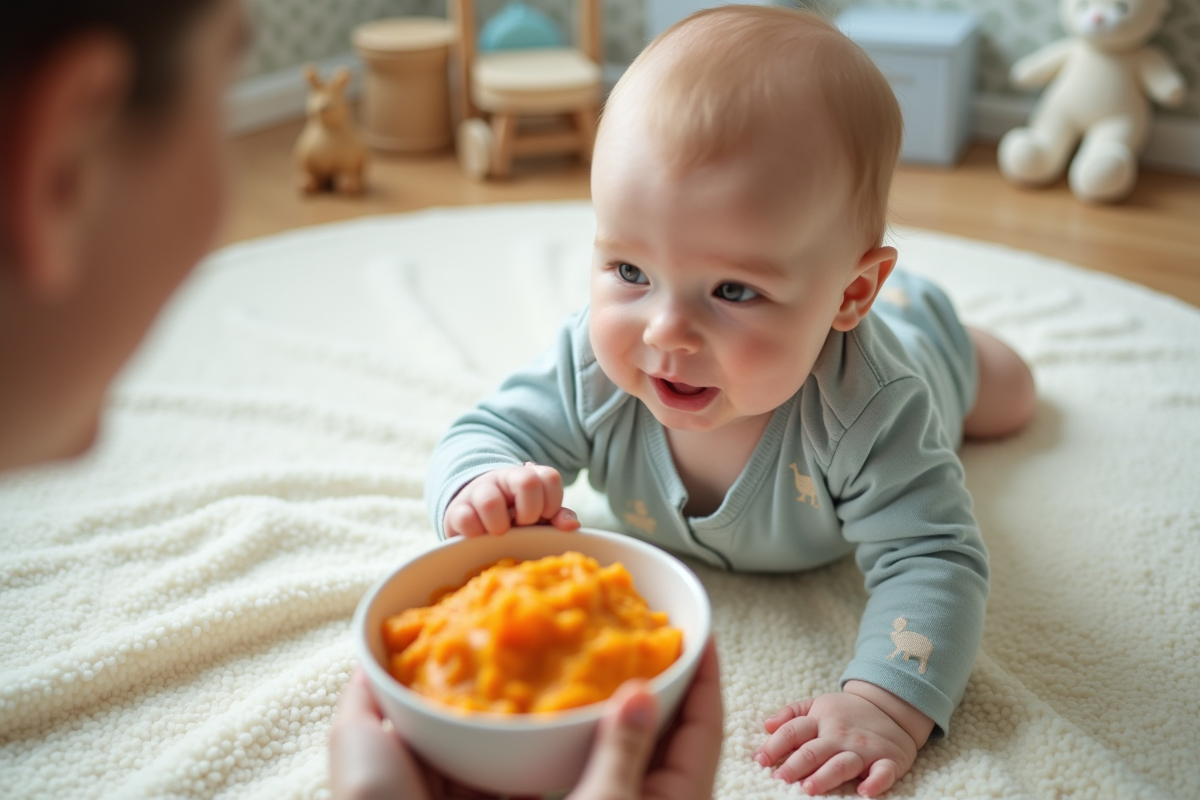 Bebe garcon allongé sur tapis jouant avec un bol de patate douce