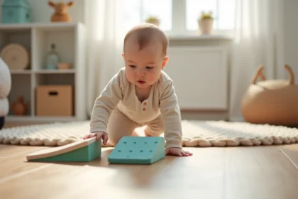Bébé de 7 mois explorant un parcours motricité en mousse colorée sur un sol en bois, dans un salon scandinave