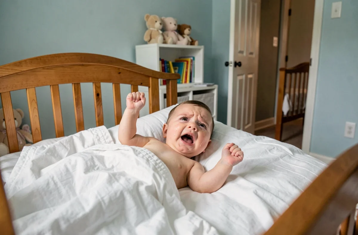 Bébé en train de pleurer seul dans son berceau en bois, illustrant les conséquences de laisser un nourrisson pleurer sans réponse parentale immédiate