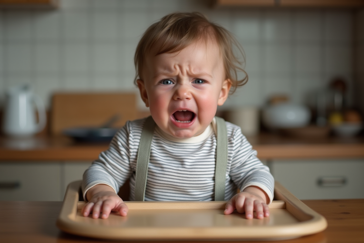 Bébé fille surprise assise en chaise haute