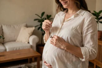 Femme enceinte tenant une bola de grossesse en argent massif posée sur son ventre arrondi dans un salon chaleureux