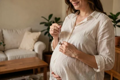 Femme enceinte tenant une bola de grossesse en argent massif posée sur son ventre arrondi dans un salon chaleureux