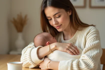 Jeune maman portant un bracelet personnalisé gravé au prénom de son bébé tout juste né