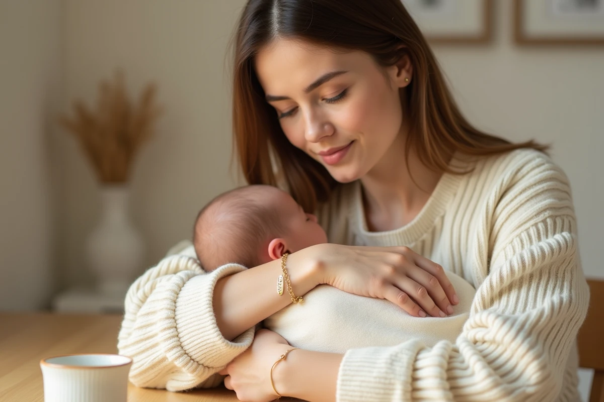 Jeune maman portant un bracelet personnalisé gravé au prénom de son bébé tout juste né