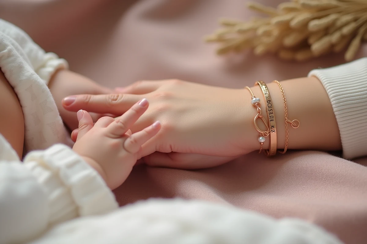 Gros plan d'un bracelet personnalisé gravé porté par une maman avec la main d'un nouveau-né