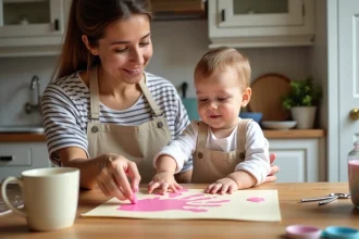 Maman et bébé réalisant un bricolage empreinte de main en peinture rose pour la fête des mères sur une table en bois