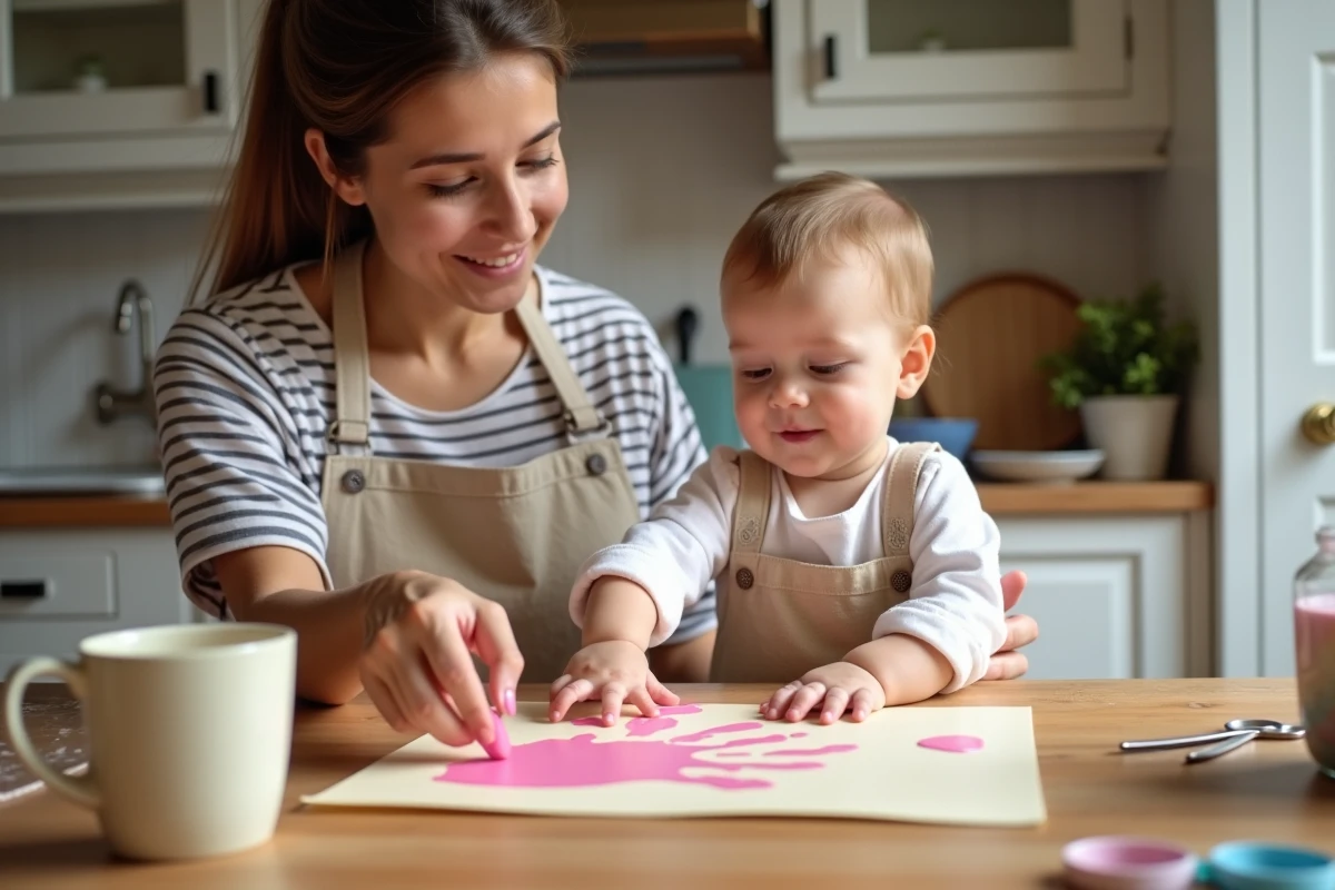 Maman et bébé réalisant un bricolage empreinte de main en peinture rose pour la fête des mères sur une table en bois