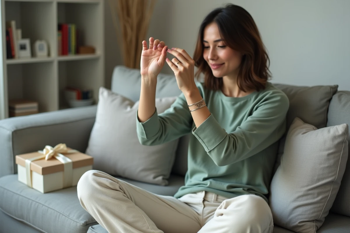 Femme découvrant son bracelet personnalisé pour naissance gravé avec un prénom et une date