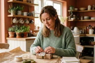 Femme préparant un cadeau personnalisé pour un enfant sur une table en bois avec papier kraft et étiquette écrite à la main