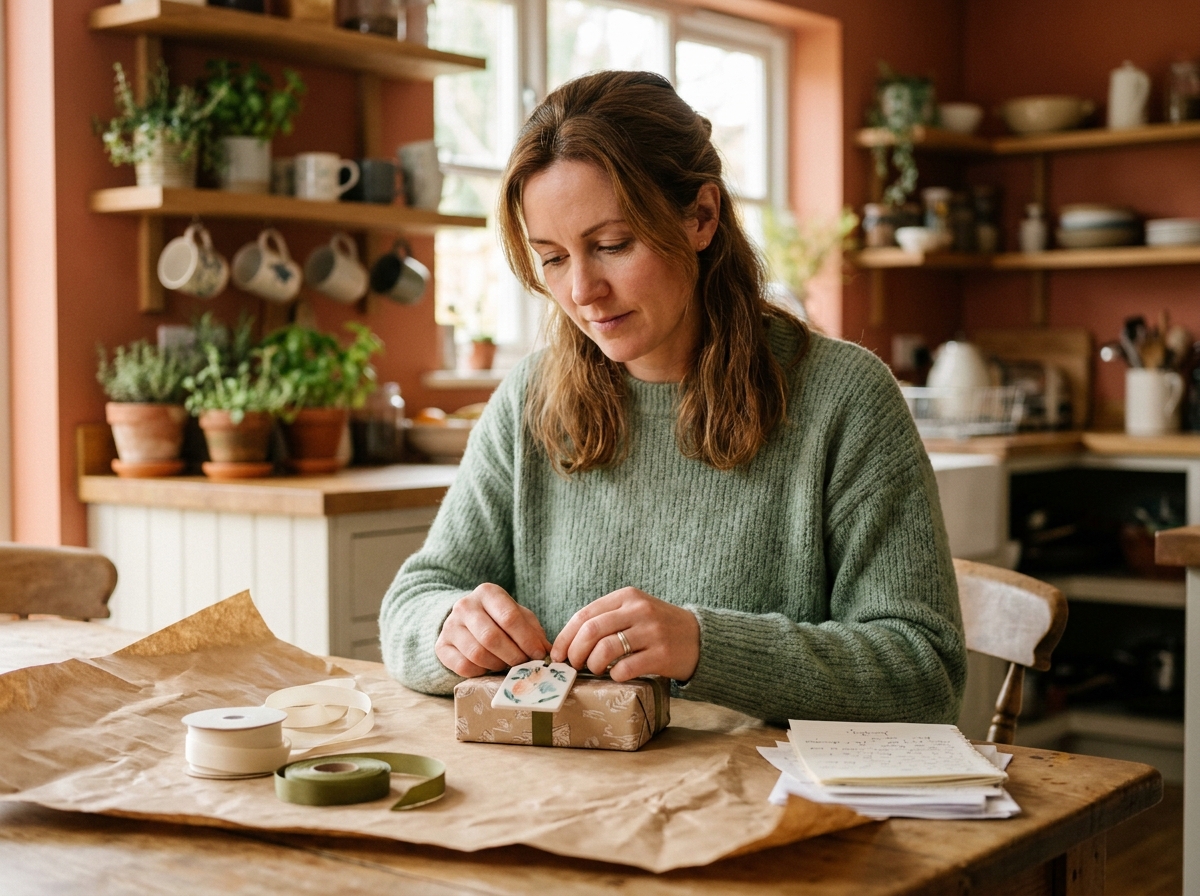 Femme préparant un cadeau personnalisé pour un enfant sur une table en bois avec papier kraft et étiquette écrite à la main