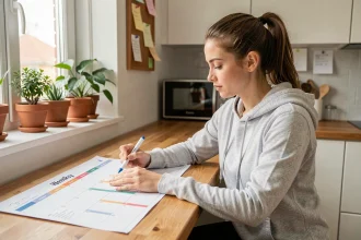 Femme organisant un calendrier familial 2026 avec semaines paires et impaires à la maison