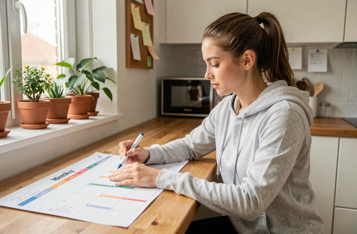 Femme organisant un calendrier familial 2026 avec semaines paires et impaires à la maison